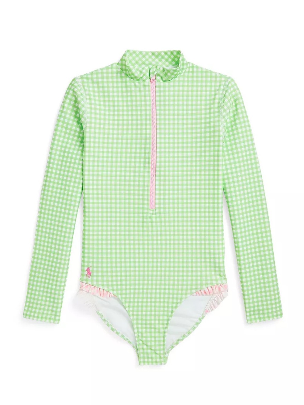 NWT Polo Ralph Lauren Gingham Ruffled Long-Sleeve Rashguard Swimsuit Preppy UPF